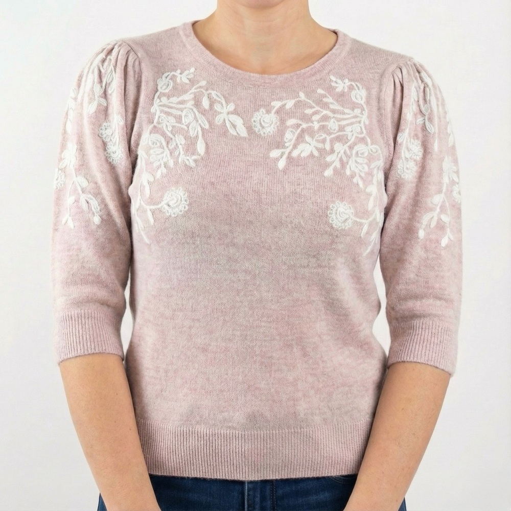Rain + Rose Pink Angora Blend Floral Embroidered Puff Sleeve Sweater Size S EUC